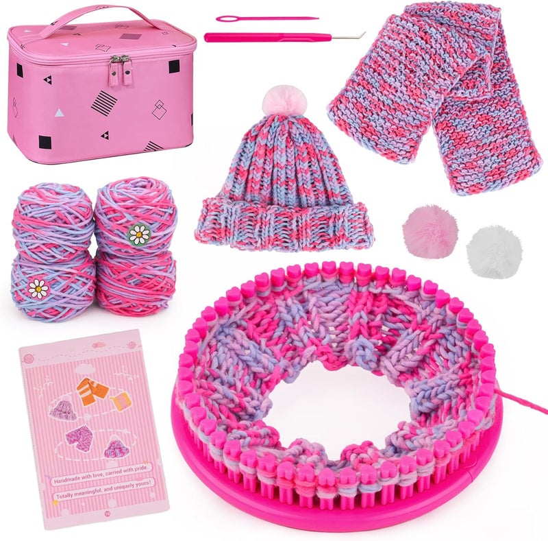PREBOX Knitting Loom Craft Kit for Kids & Beginners - Create Hat & Scraf with Yarn, Hook Needle, Ideal Birthday Christmas Gifts for Teens Girls Age 6-8 8-12 14+, Rose Loom - Image 1